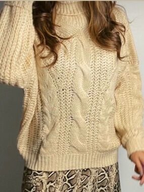 Cozy Cable Knit Turtleneck Sweater in Cream